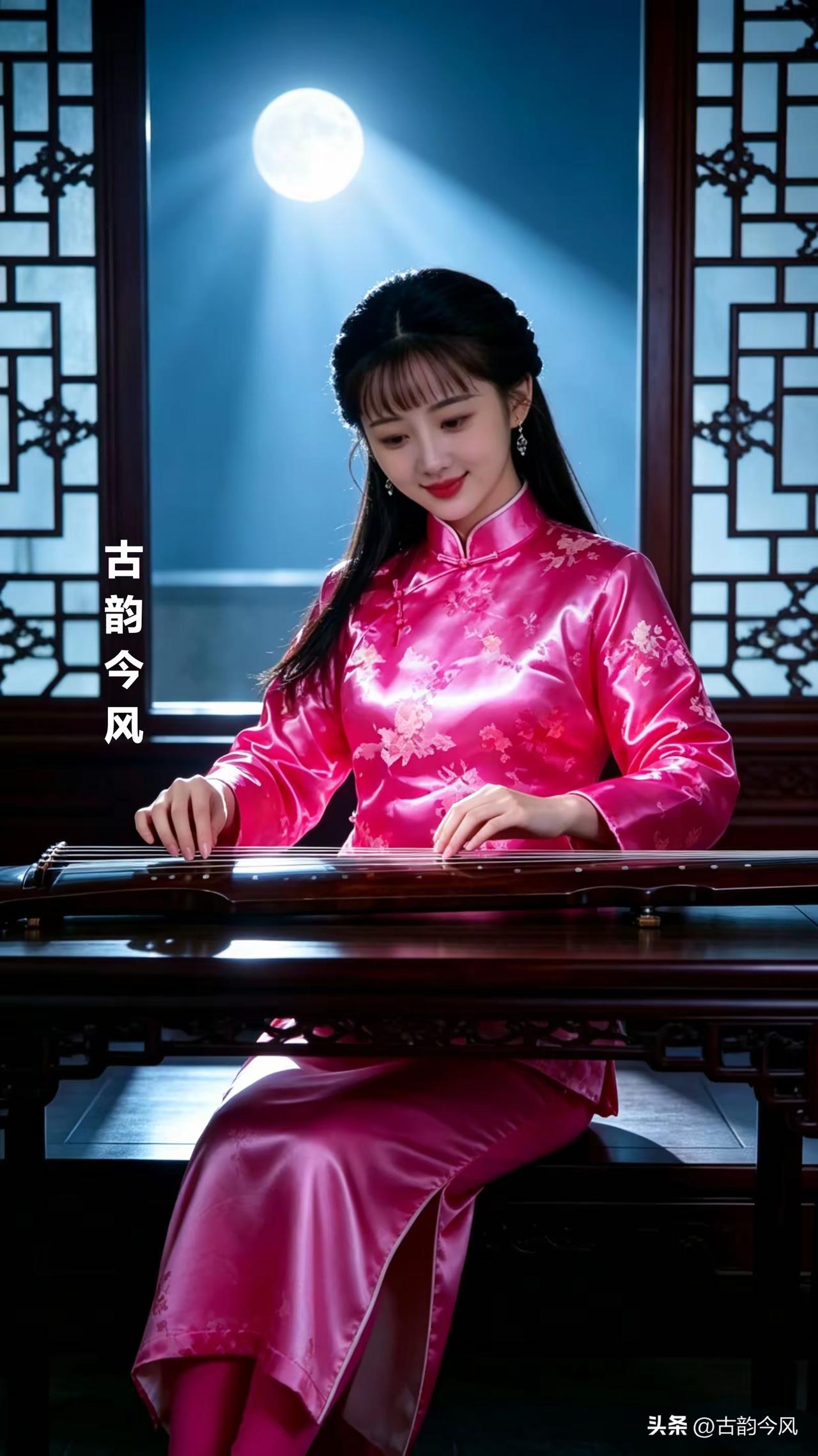 皓月出东山，
如昼照堂前。
佳人临窗坐，
悠雅拂琴弦。