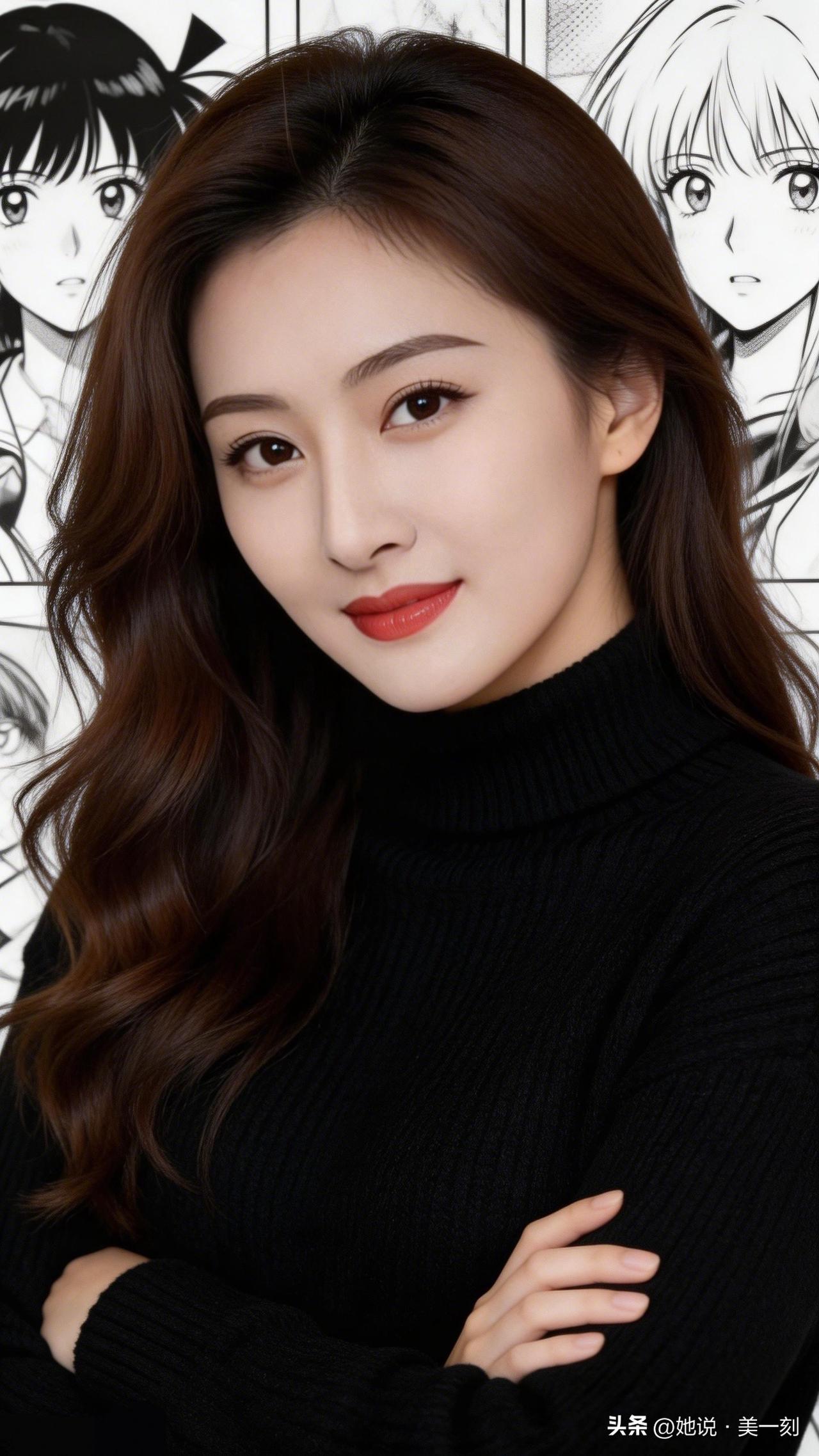 温柔黑衣少女，漫画背景下的甜美微笑。女人最耐看的长相是什么样的