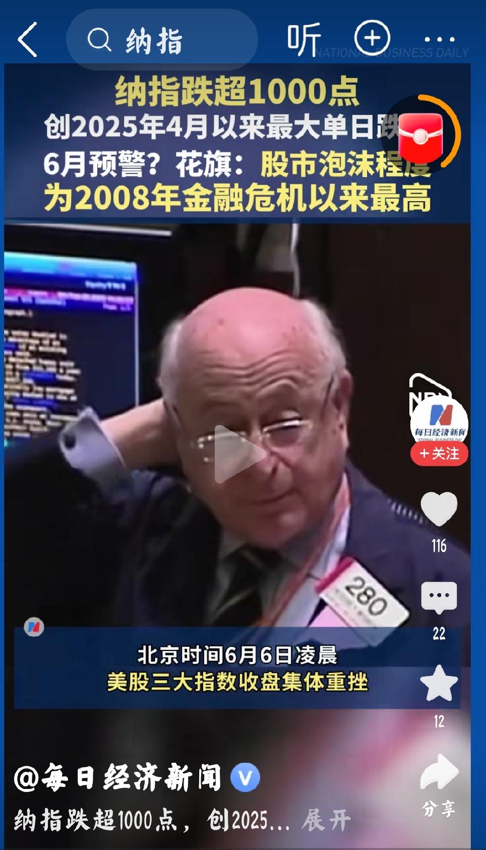 2026年6月6日，每日经济新闻发文：“纳指跌幅1000点，创2025年4月以来