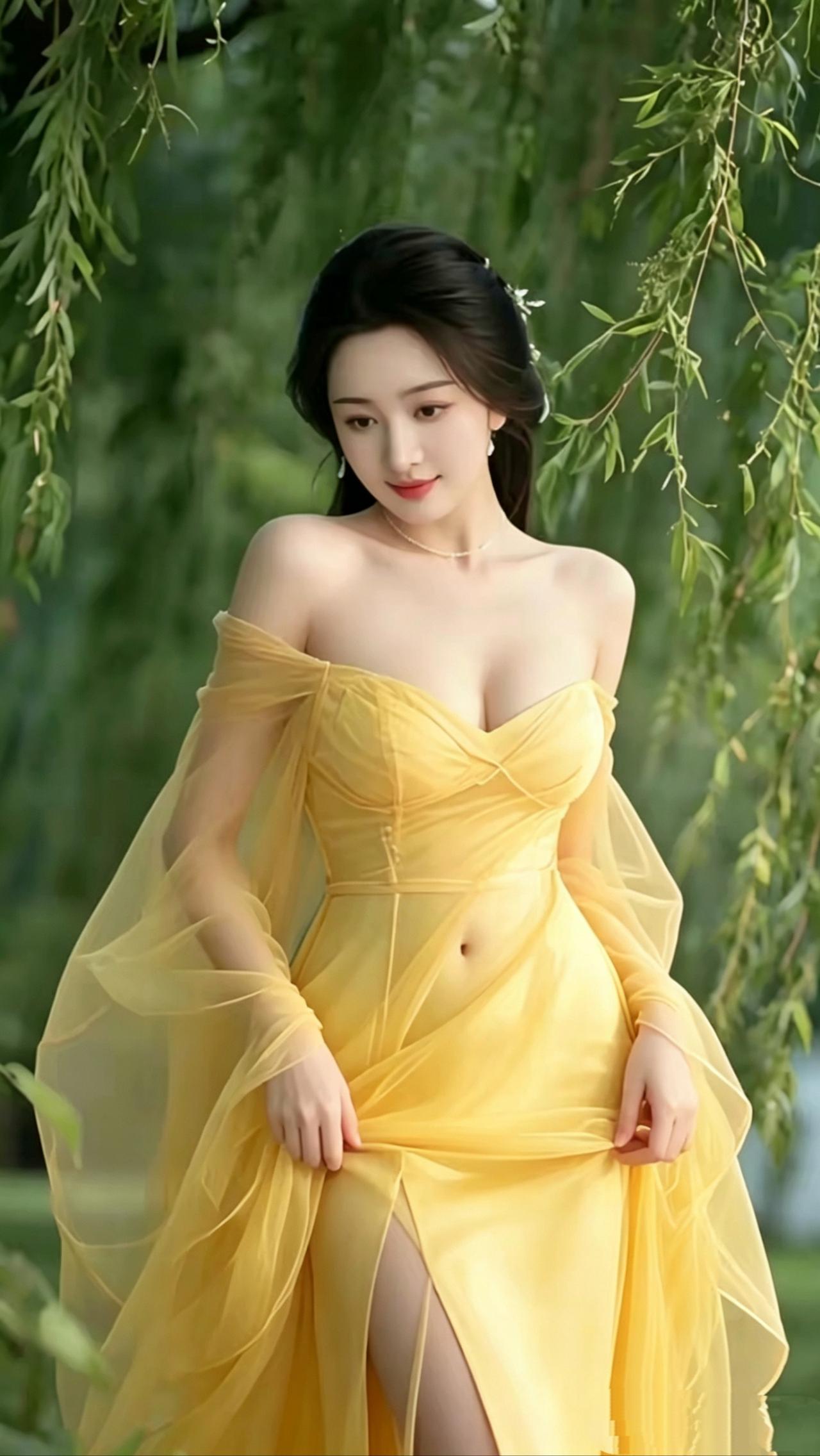 《柳间黄》
 
柳丝垂落，织成半帘清绿
你立在风的软处
鹅黄裙裾漫开
像揉碎的阳
