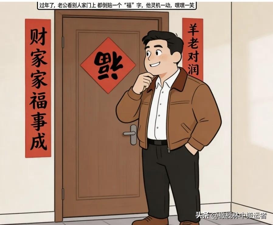 趣味漫画：过年了，老公看别人家门上都倒贴一个“福”字，寓意“福到了”。于是他就写