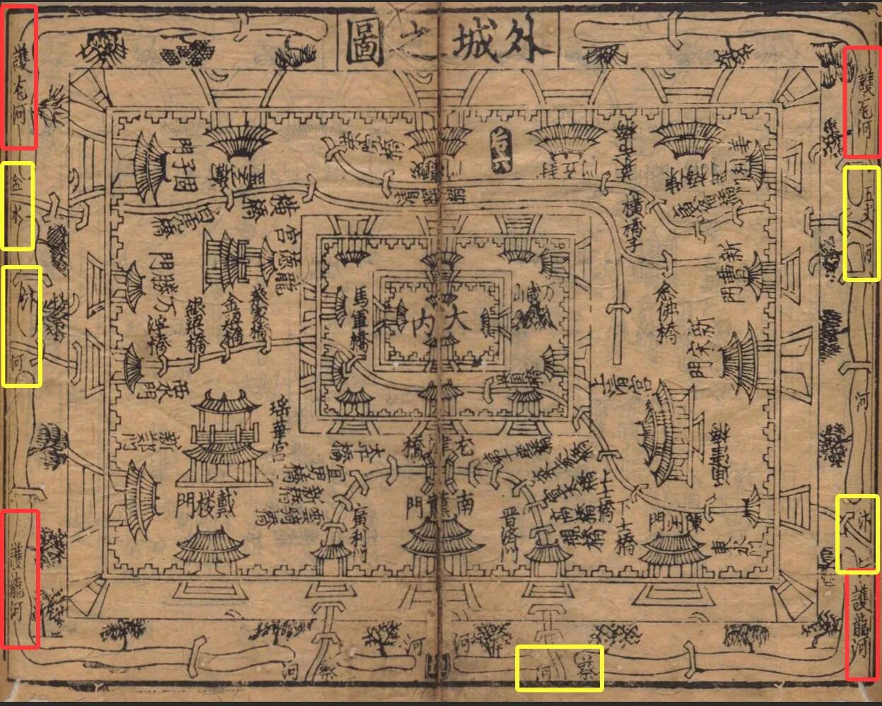 宋代东京的护城河叫护龙河，和经城内的汴河、五丈河、蔡河、金水河互通，成为一个完整