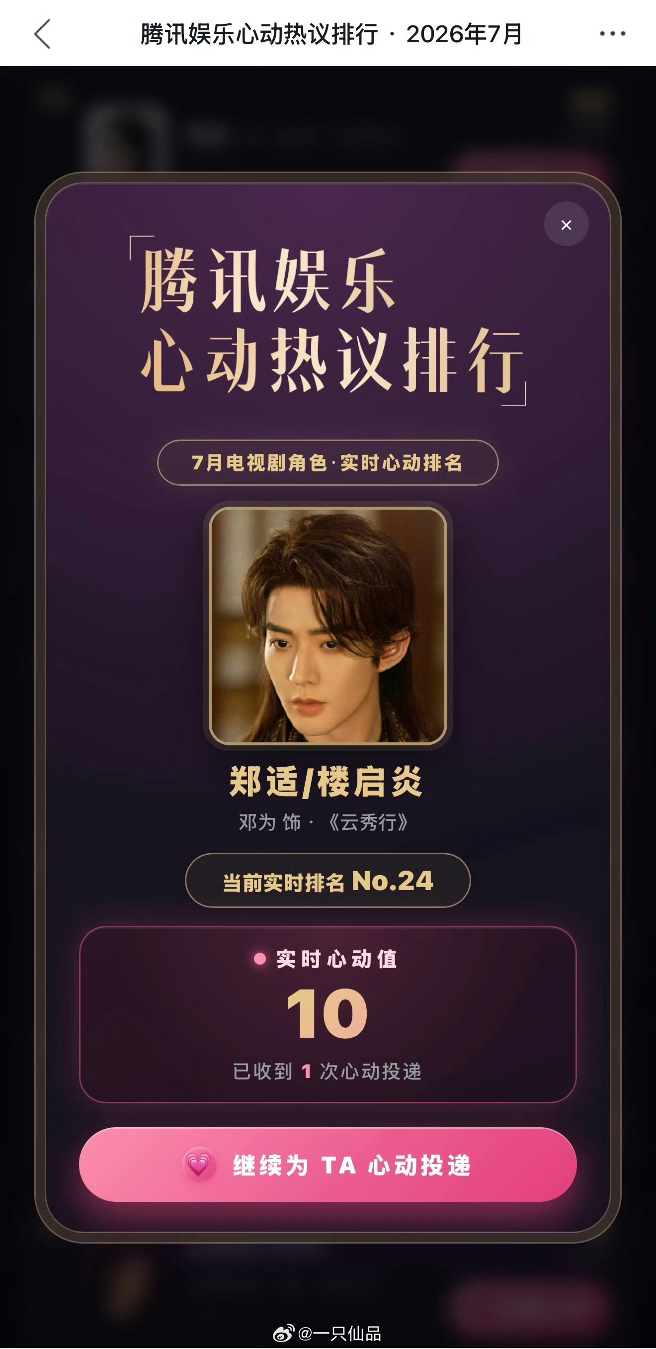 邓为饰演的郑适/楼启炎入围7月腾讯娱乐心动热议排行，演的特别好，实力派优秀青年演