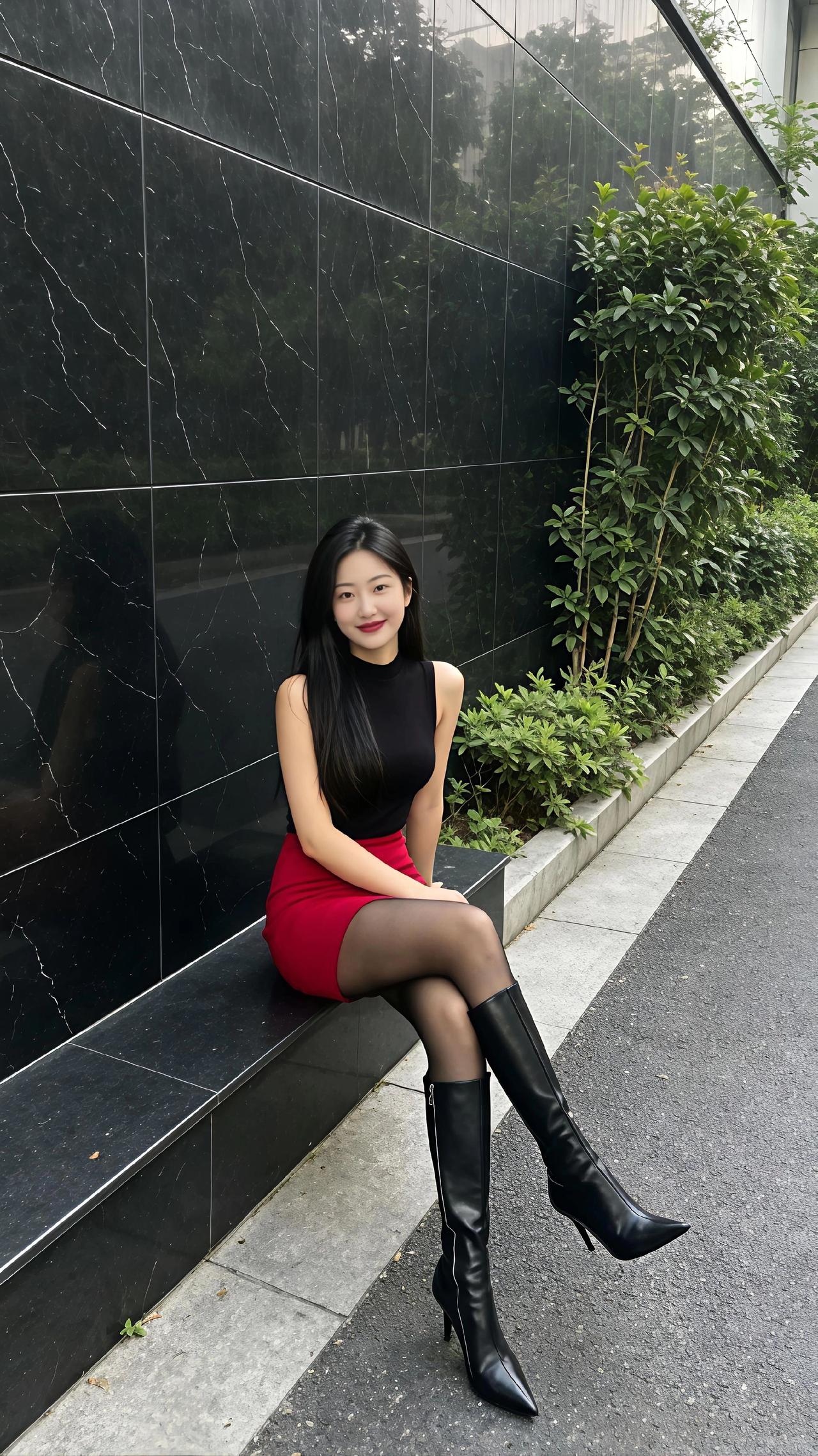 红裙配黑丝，御而不妖。御姐气质穿搭 穿出长腿美感 平底鞋给不了高跟鞋的气场