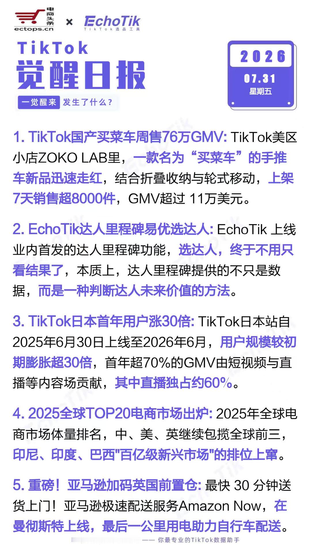 TikTok跨境电商日报 2026-07-311. TikTok国产买菜车周售7