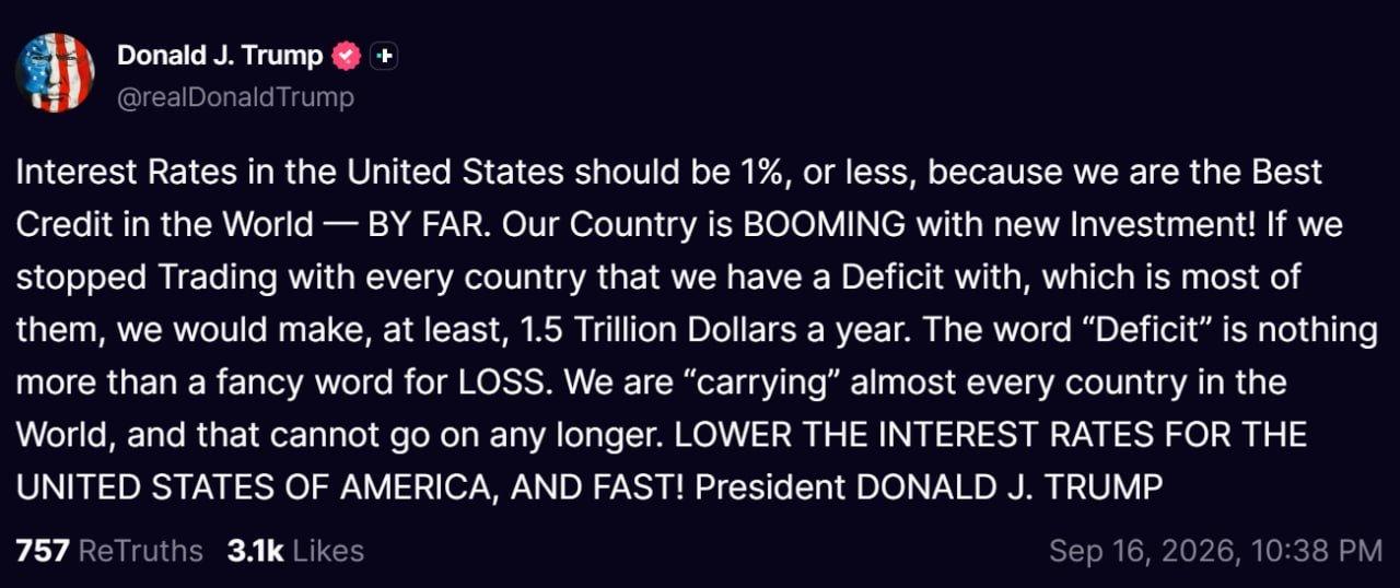 🇺🇸 特朗普希望利率降至1%，就在他自己任命的美联储主席投票加息数小时后
