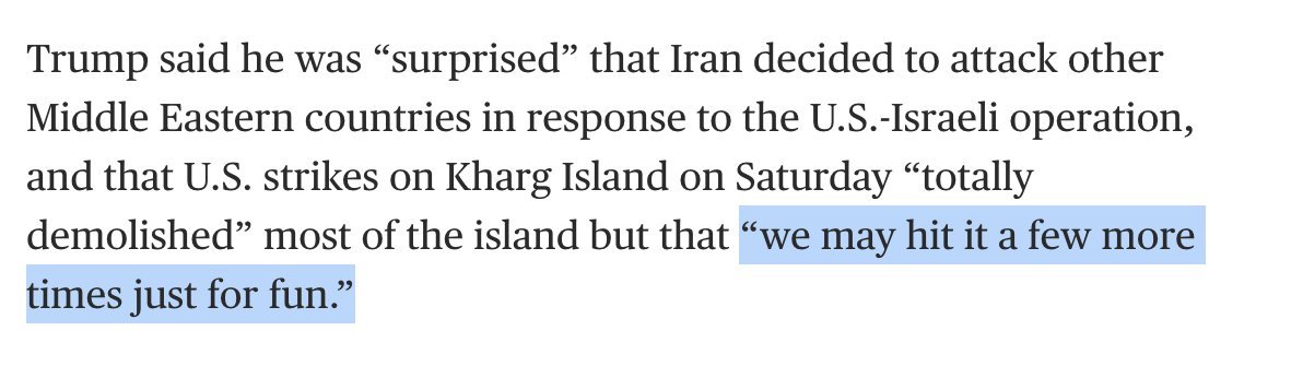 🔻川普真的疯了，居然直接对NBC新闻说多打几次伊朗哈尔克岛“就是为了好玩”。?