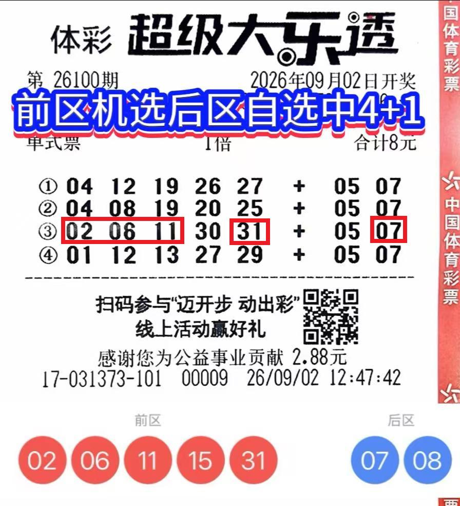 机选前区+自选后区！大乐透4+1遗憾与感悟。

大乐透26100期开奖已经落下帷