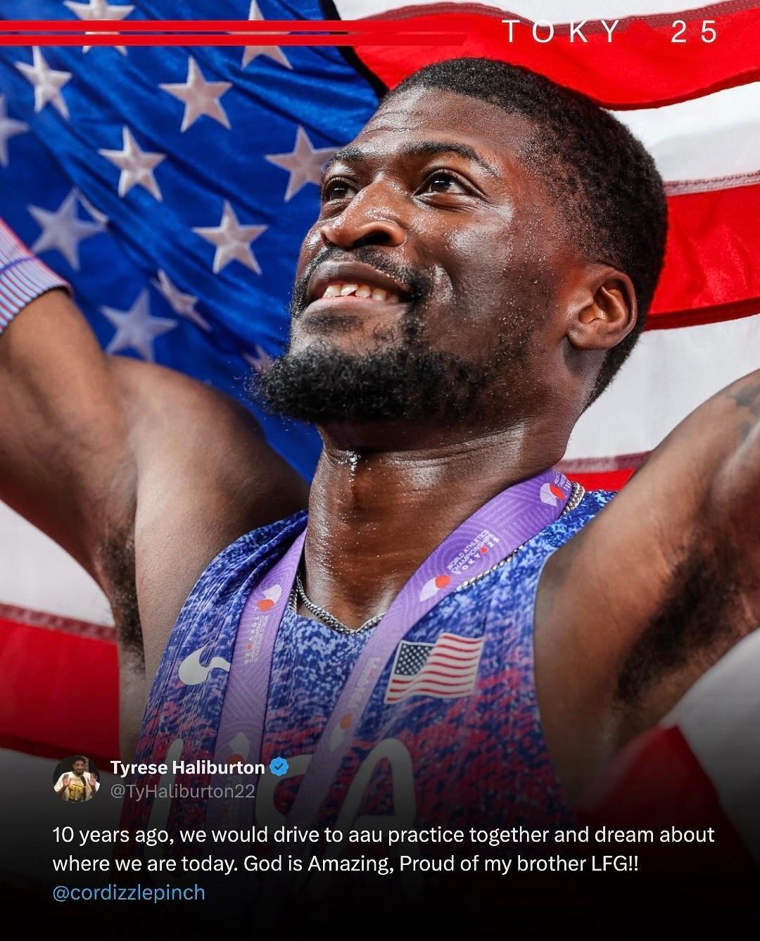 廷奇世锦赛110米栏夺冠，NBA全明星哈里伯顿送来祝福他们是高中篮球队的队友田径