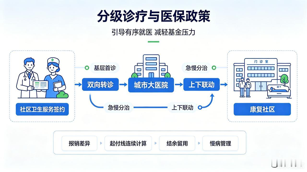 依靠医保差异化支付引导有序就医，基层报销比例更高、起付线更低，越级就诊降低报销待