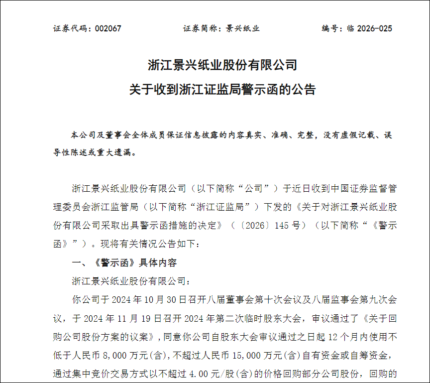承诺最低回购8000万只掏457万元，景兴纸业被监管双重处罚