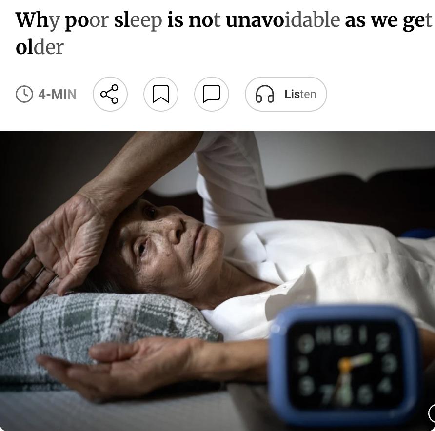 外媒：睡眠质量随年龄下降并非不可避免

很多人认为年纪大了就必然睡不好觉，但专家