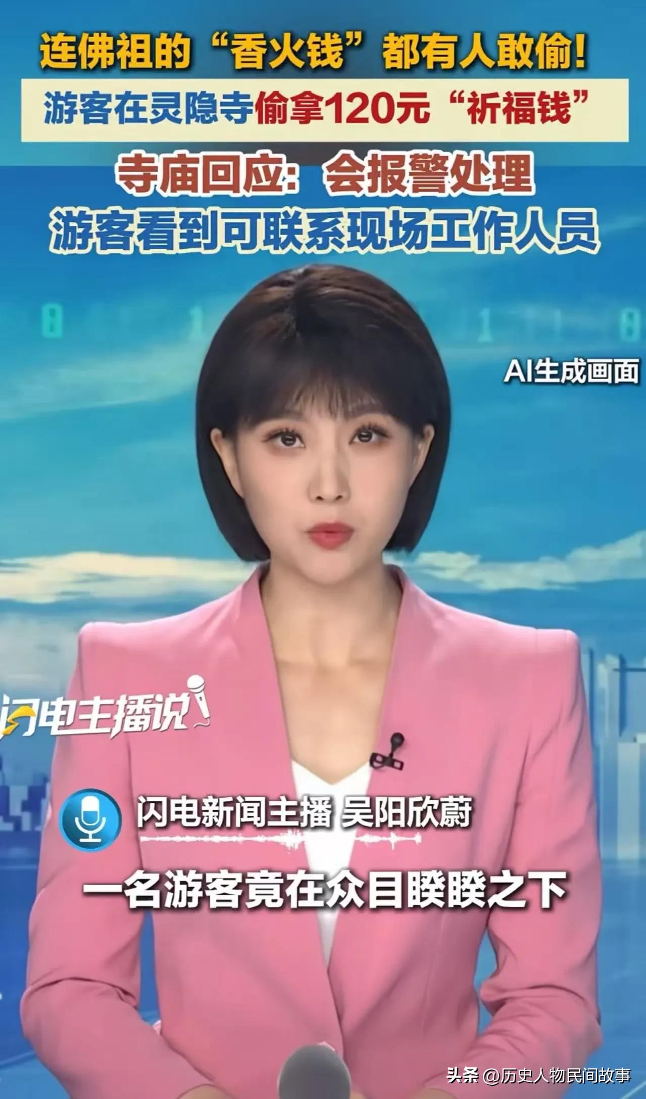 事件经过
 
杭州灵隐寺一名游客因生活拮据，拿走祈福香台上120元香火钱，寺庙工