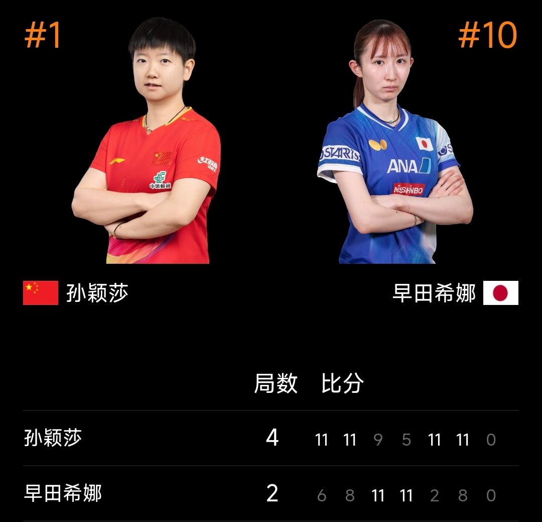 WTT新加坡大满贯女单1/4决赛：孙颖莎4-2力克早田希娜晋级四强！
 2026