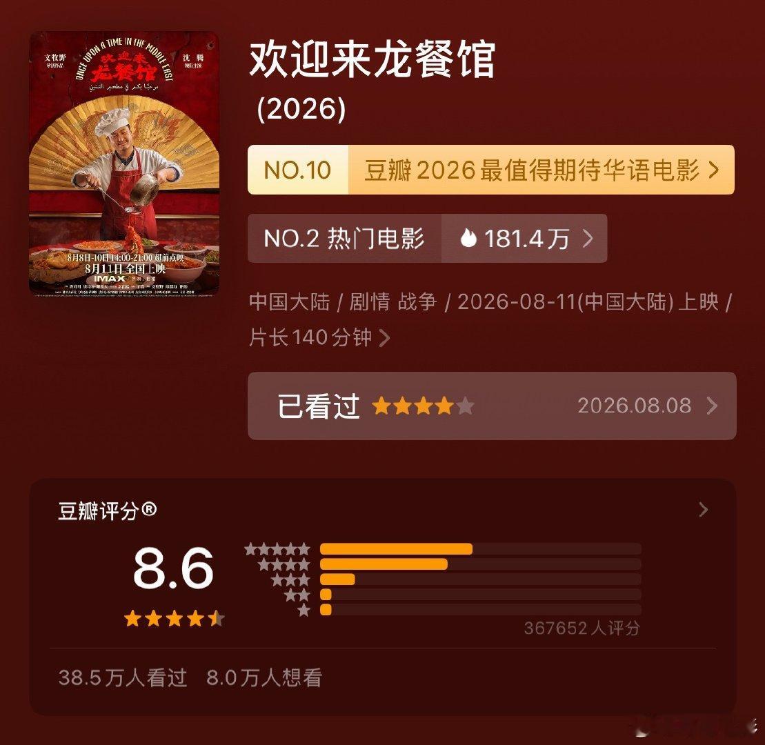 《欢迎来龙餐馆》评分涨至8.6。 