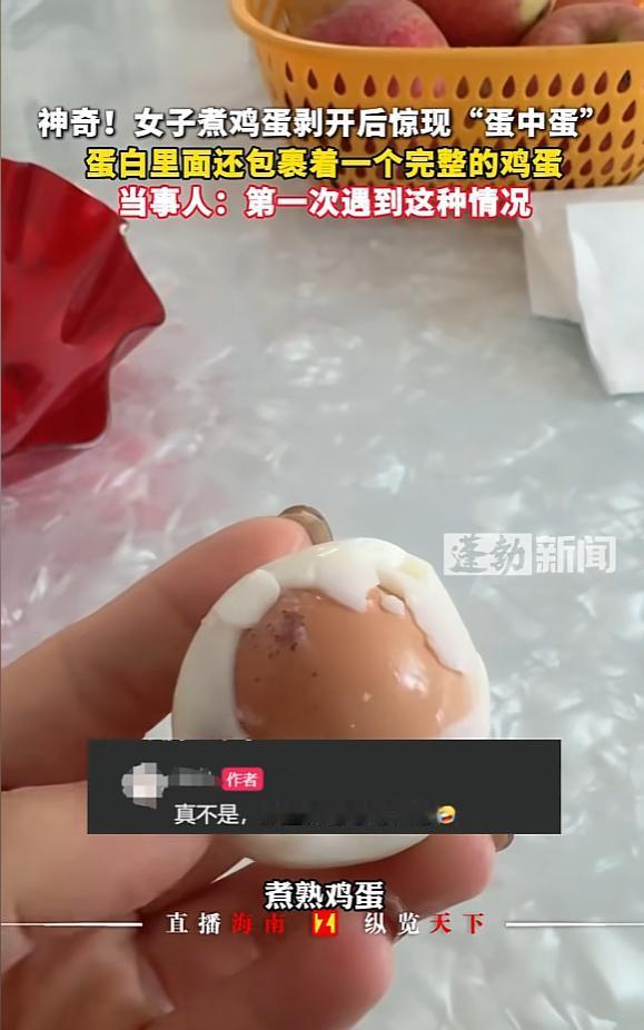 近日，山东威海，一女子吃鸡蛋时，剥开蛋白后，发现里面并不是蛋黄，而是一枚完整的小