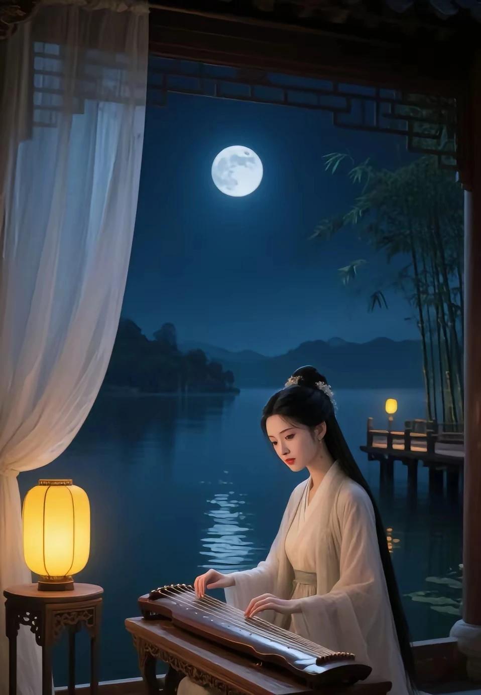 上联：琴临秋水弹明月
下联：玉兔广寒映婵娟