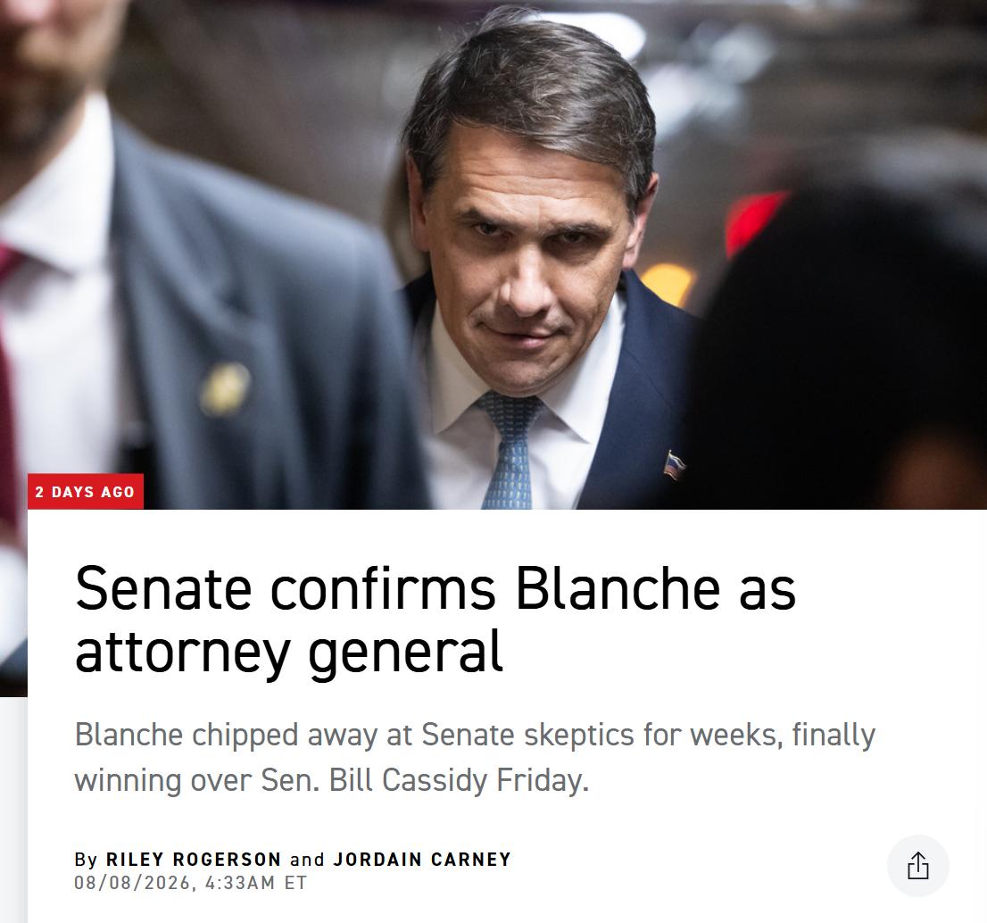 林一五：Todd Blanche通过美国参议院任命投票，将上任新一任美国司法部长