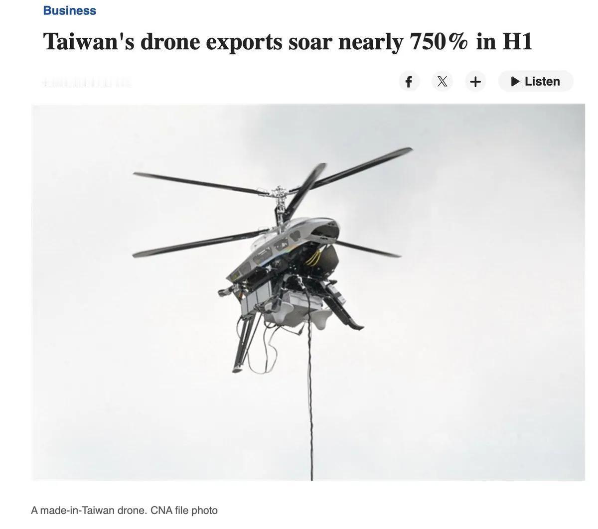 台湾省无人机出口半年内激增近八倍
据台省媒《焦点台湾》公布的数据称，2025 年