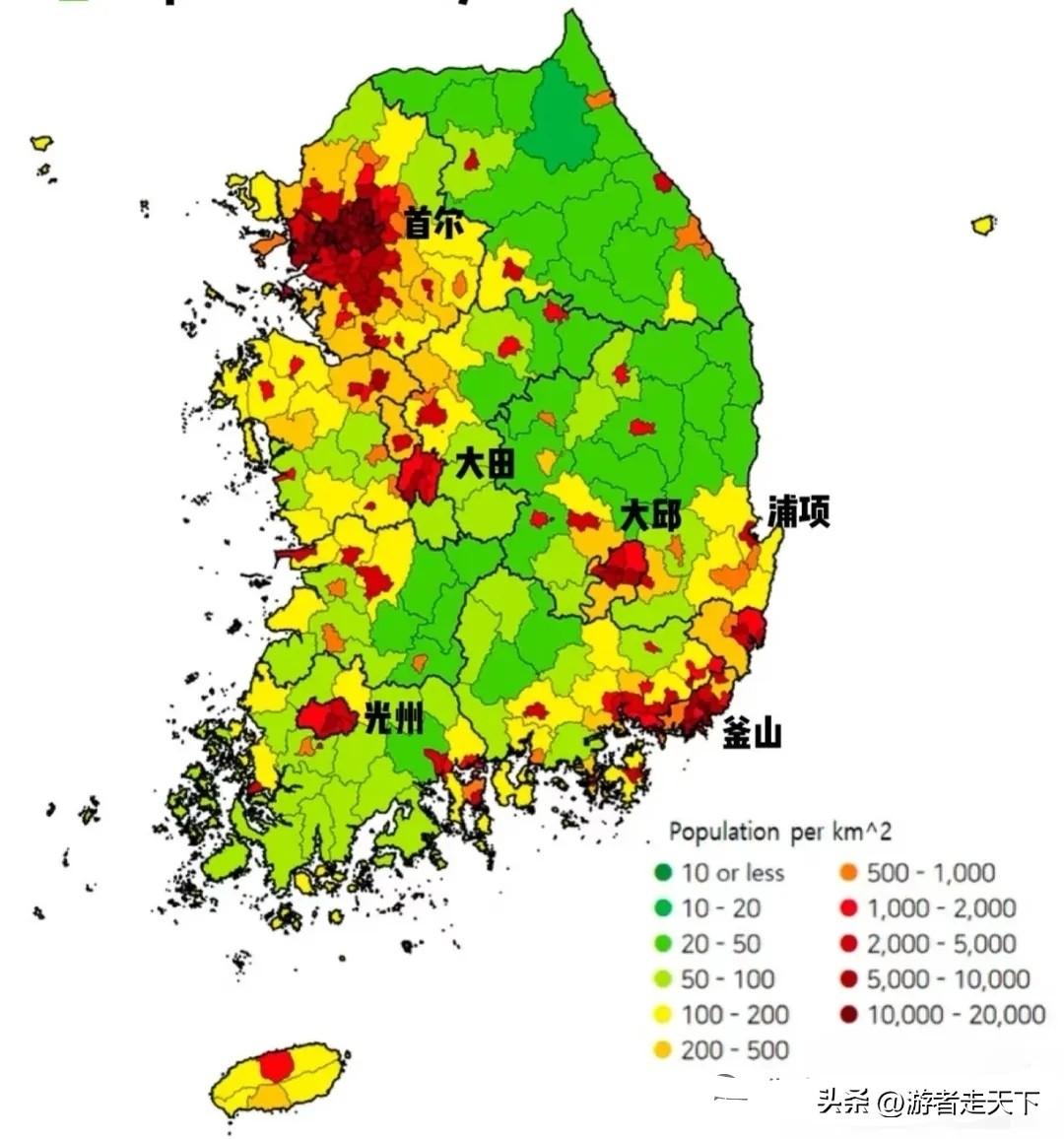 韩国每平方公里人口密度500，但是大多数地方不是很拥挤，因为该国的人口主要集中在