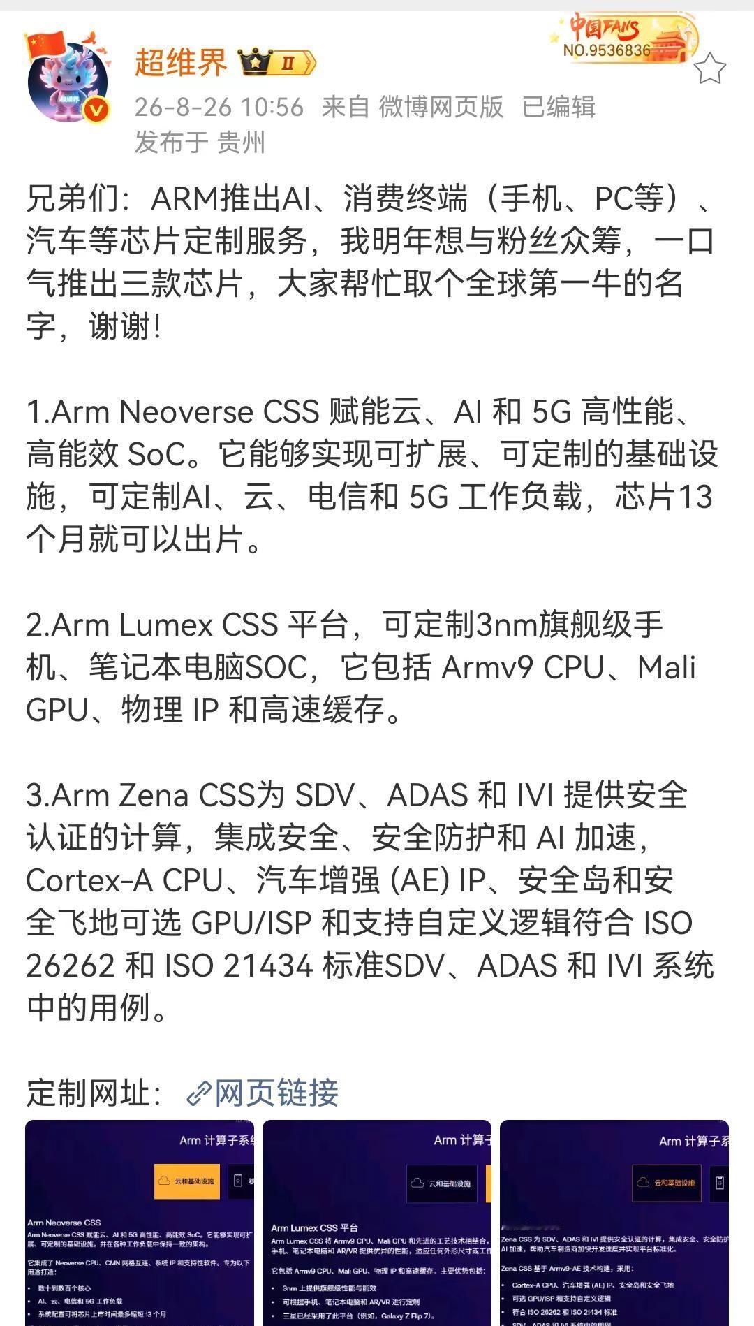 ARM推出AI、消费终端（手机、PC等）、汽车等芯片定制服务，我明年想与粉丝众筹