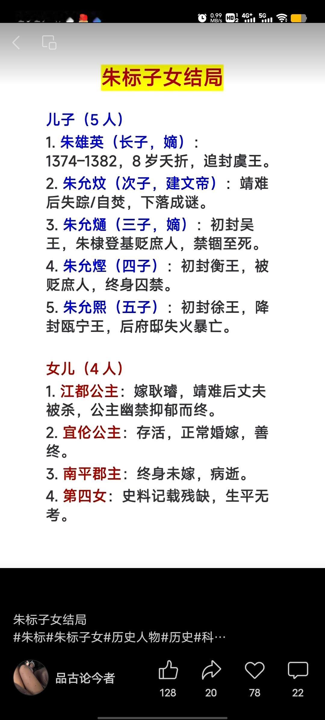 朱标五子四女的命运着实令人唏嘘。长子朱雄英8岁夭折，没留下后代。次子朱允炆，靖难