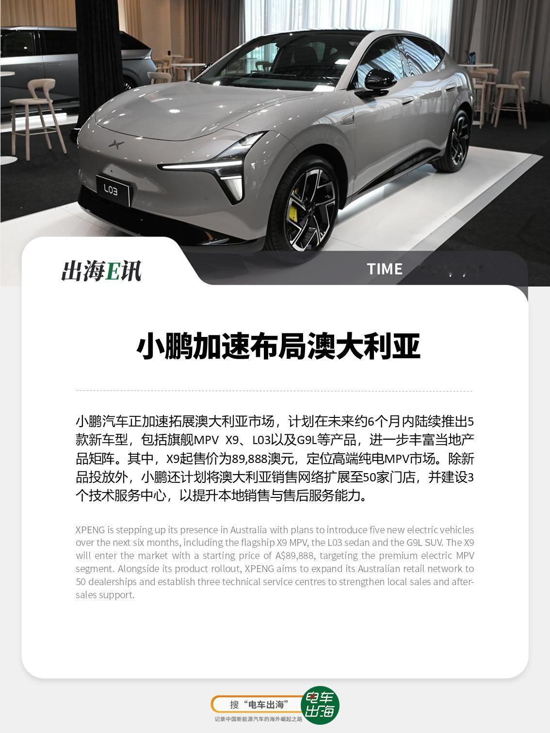 【出海E讯：小鹏加速布局澳大利亚】
小鹏汽车正加速拓展澳大利亚市场，计划在未来约