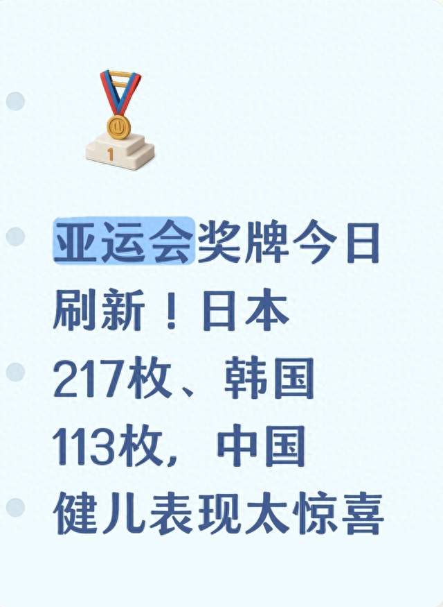 亚运会奖牌今日刷新！日本217枚、韩国113枚，中国健儿表现太惊喜​