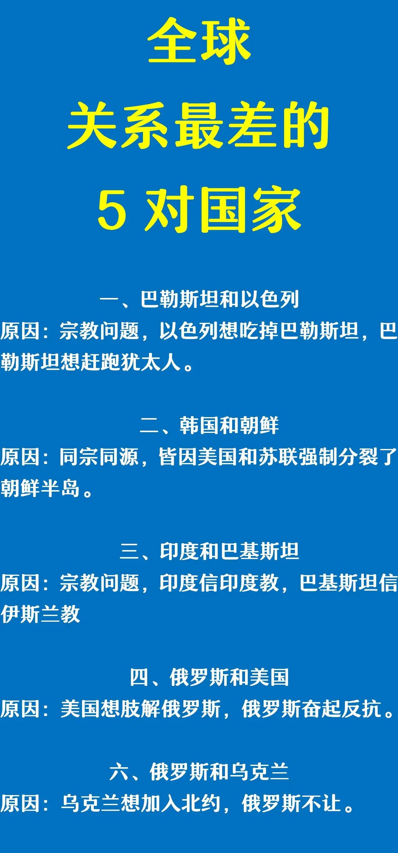 韩国和朝鲜：不共戴天；
巴勒斯坦和以色列：不共戴天；
我国与日本：？

如图是世