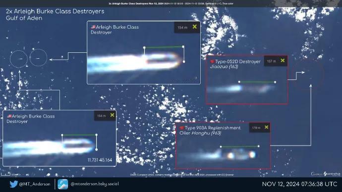 美军驱逐舰疑似遭袭后混入中国护航编队一一国外博主发布的卫星图像显示，11月11号