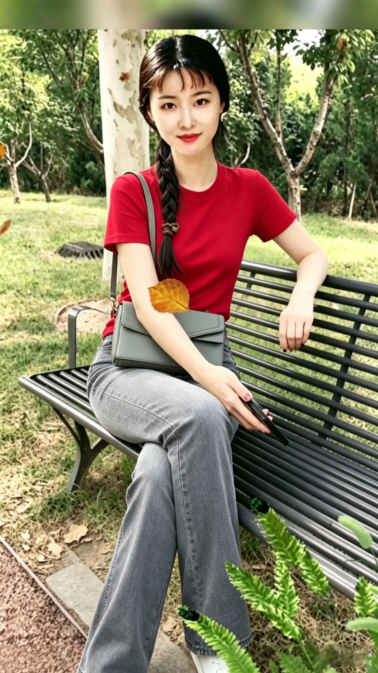 红衣美人坐，绿意满怀中。