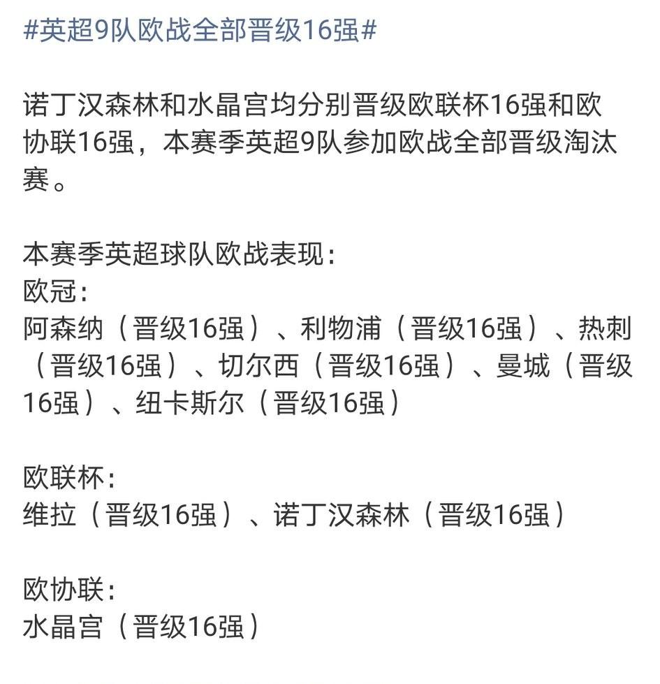怪不得英超是第一联赛！英超9队全部晋级欧战淘汰赛。这叫别人怎么活？其它四大联赛分