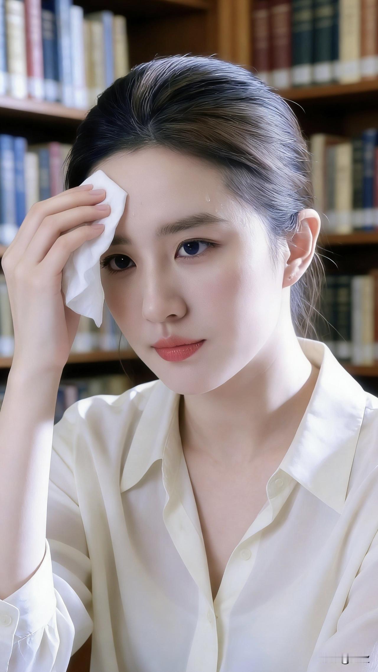 米白衬衫的衣料在暖黄灯光下泛着柔和的光泽，她抬手用纸巾轻拭额角的薄汗，目光里带着