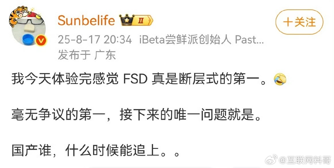 某大V对特斯拉FSD智驾的评价，把特斯拉吹捧到极致了。又一次佐证了华为智驾网上没