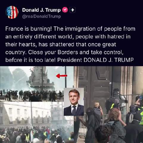 特朗普总统在法国发生严重暴力骚乱后，呼吁法国立即关闭边境，并警告称，再不采取行动就可能为时已晚。

