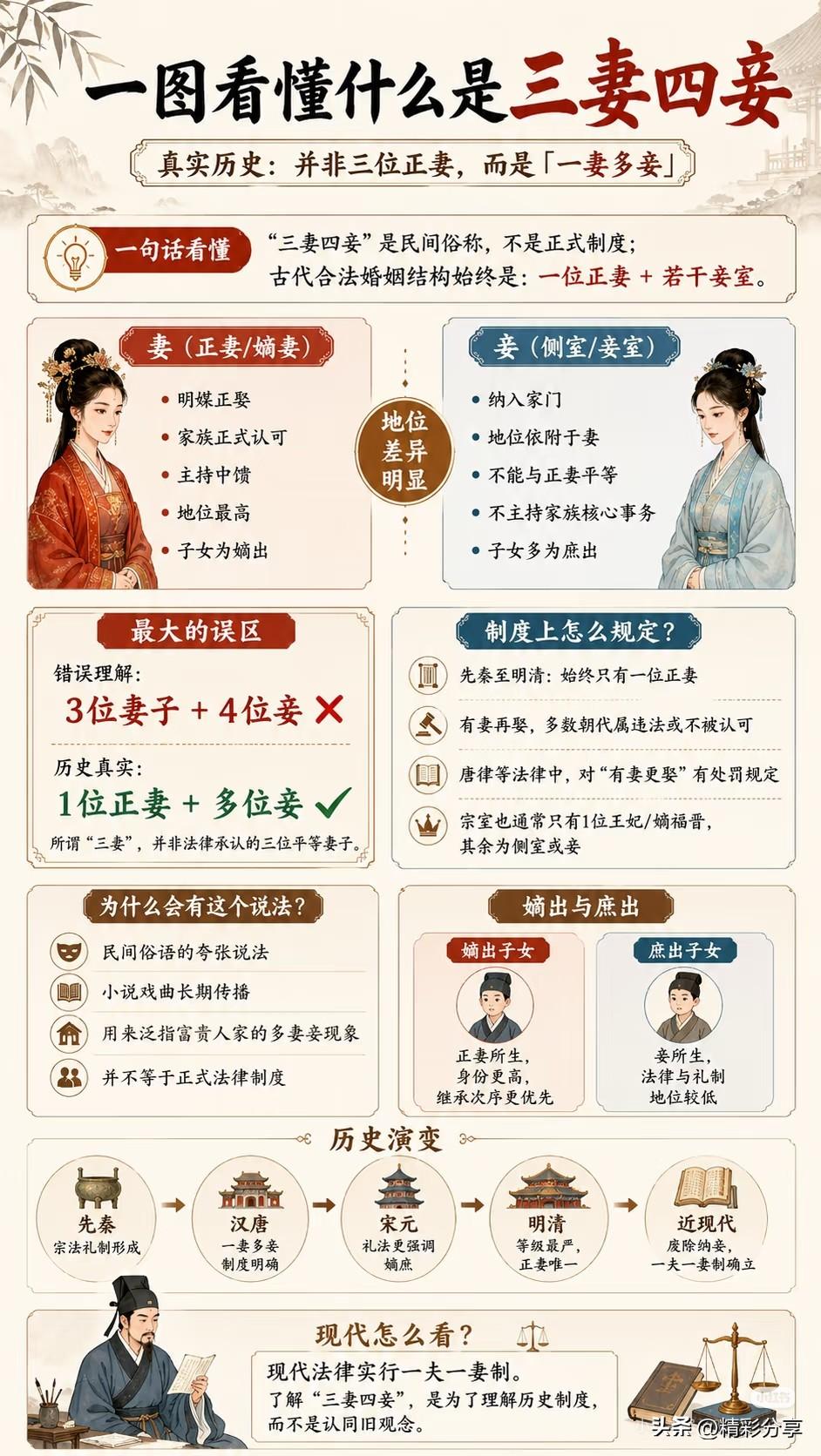 辟谣，古代没有三妻四妾，只有一夫一妻多妾制度，妻的地位高的可怕。
    “三妻
