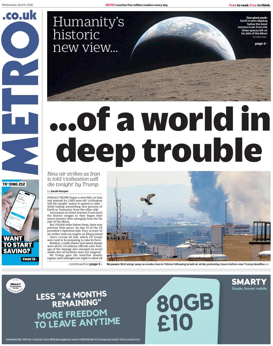 《地铁报》头版报道，回顾了两个截然不同的故事。
照片中展示了猎户座飞船飞船经过月