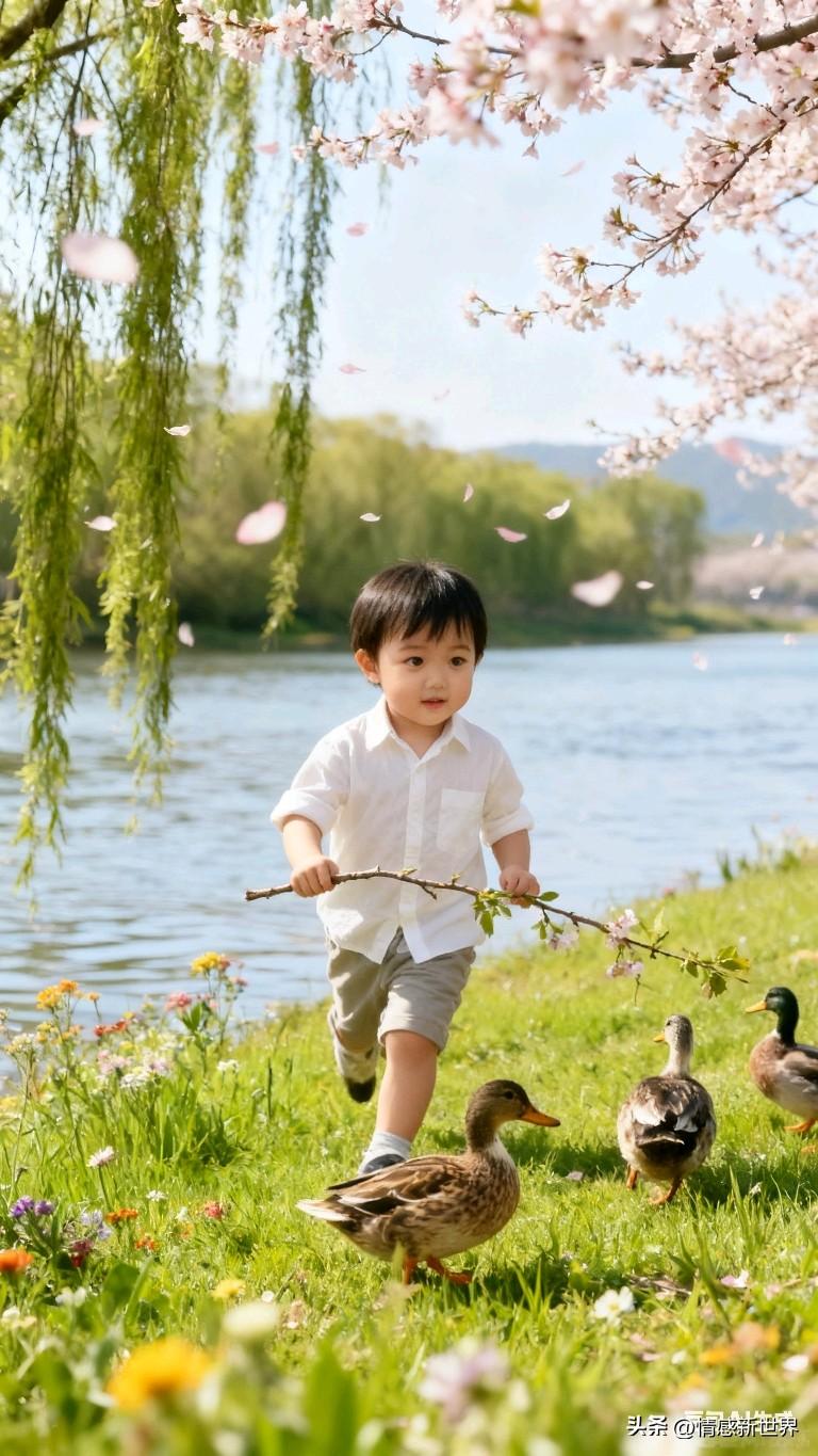 春日野餐，萌娃与鸭共舞，花香满径。春日野餐自拍 春日鸭子