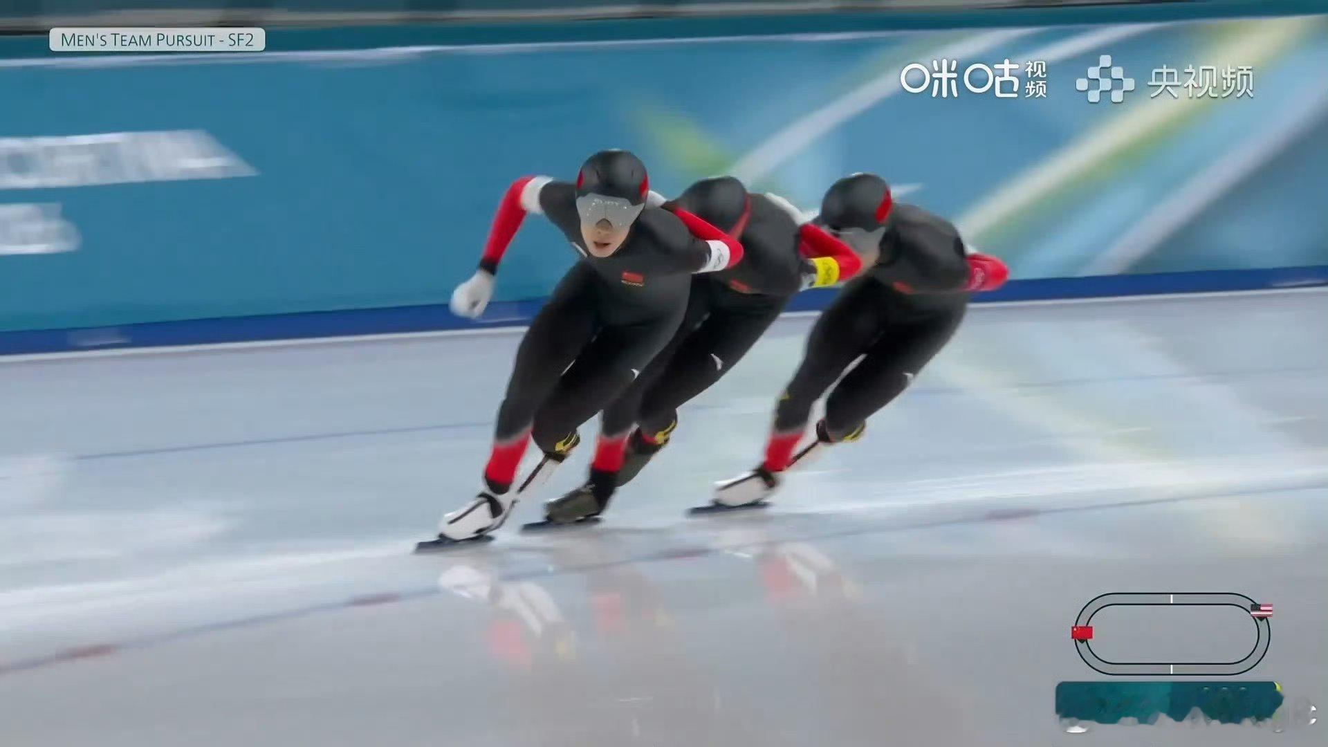 速滑追逐中国男团不敌美国米兰冬奥会速度滑冰男子团体追逐半决赛，刘瀚彬、宁忠岩、吴