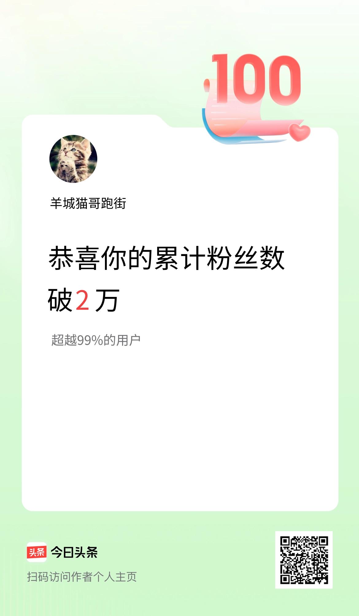 我在头条累计粉丝数破2万啦！
