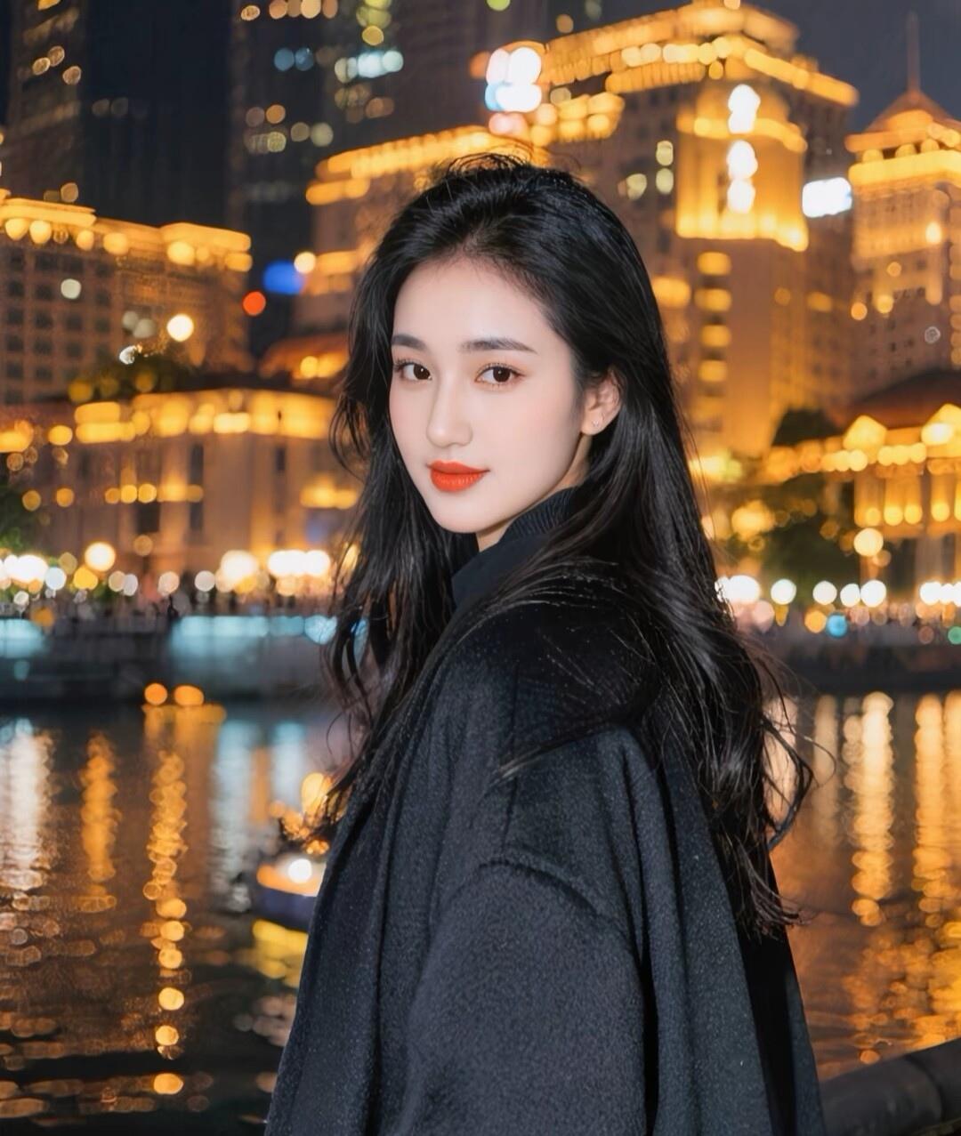 夜晚河畔，灯光璀璨，美人如画。