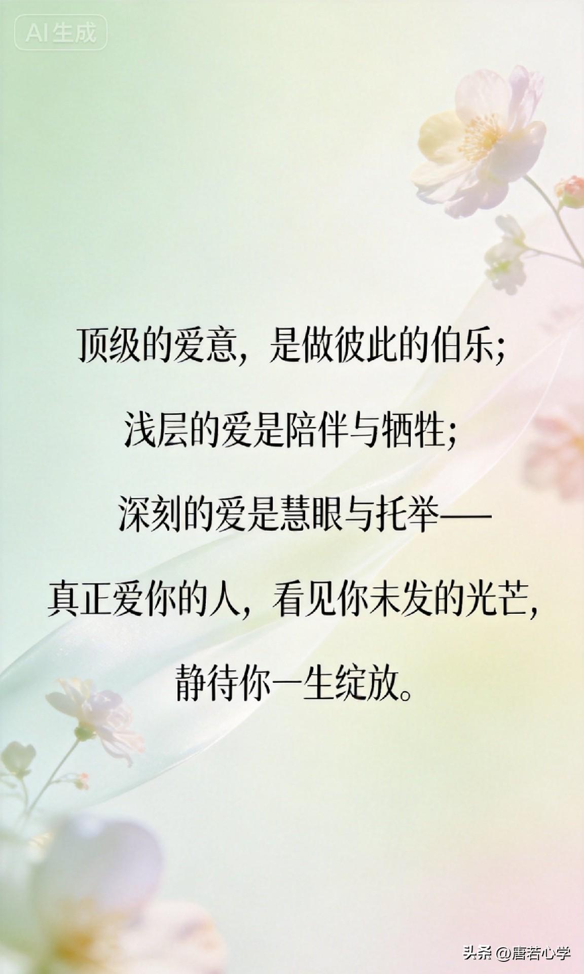 顶级的爱意，是做彼此的伯乐；浅层的爱是陪伴与牺牲；深刻的爱是慧眼与托举——真正爱