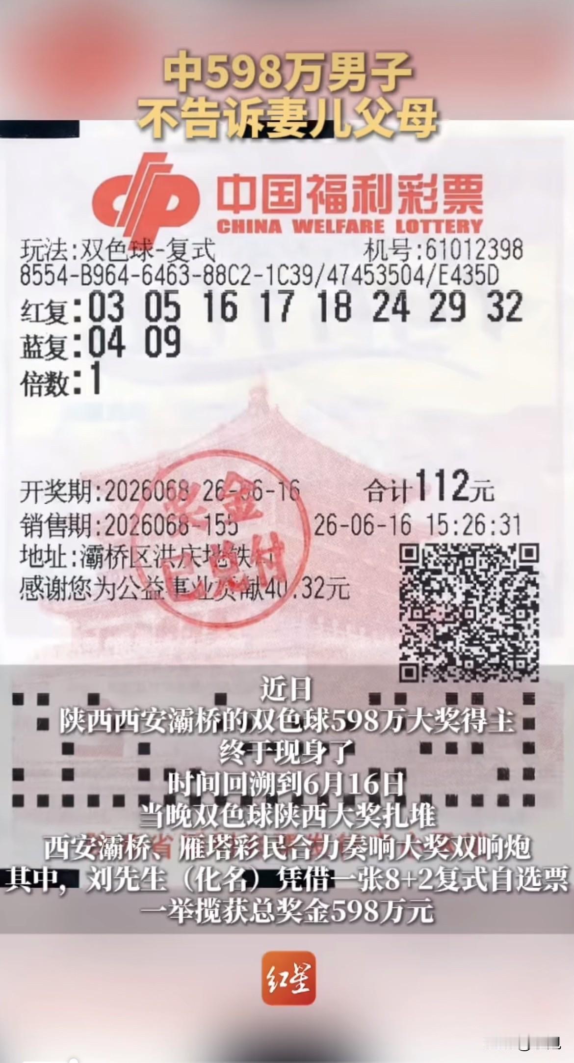 西安灞桥有个男的，6月16号中了双色球598万。

8+2复式自选票，运气好到爆