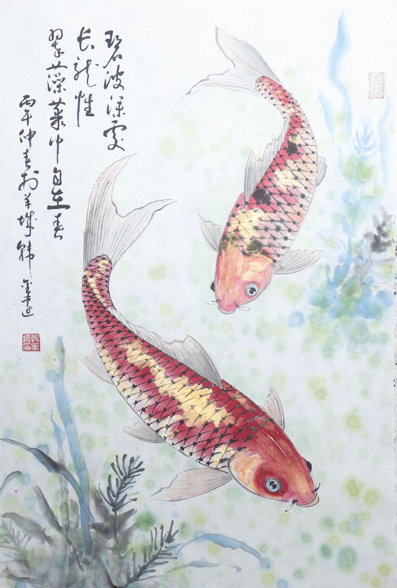 韩金远锦鲤｜题诗点睛，气韵十足
韩金远四尺三开锦鲤图，题款：“碧波深处长龙性，翠