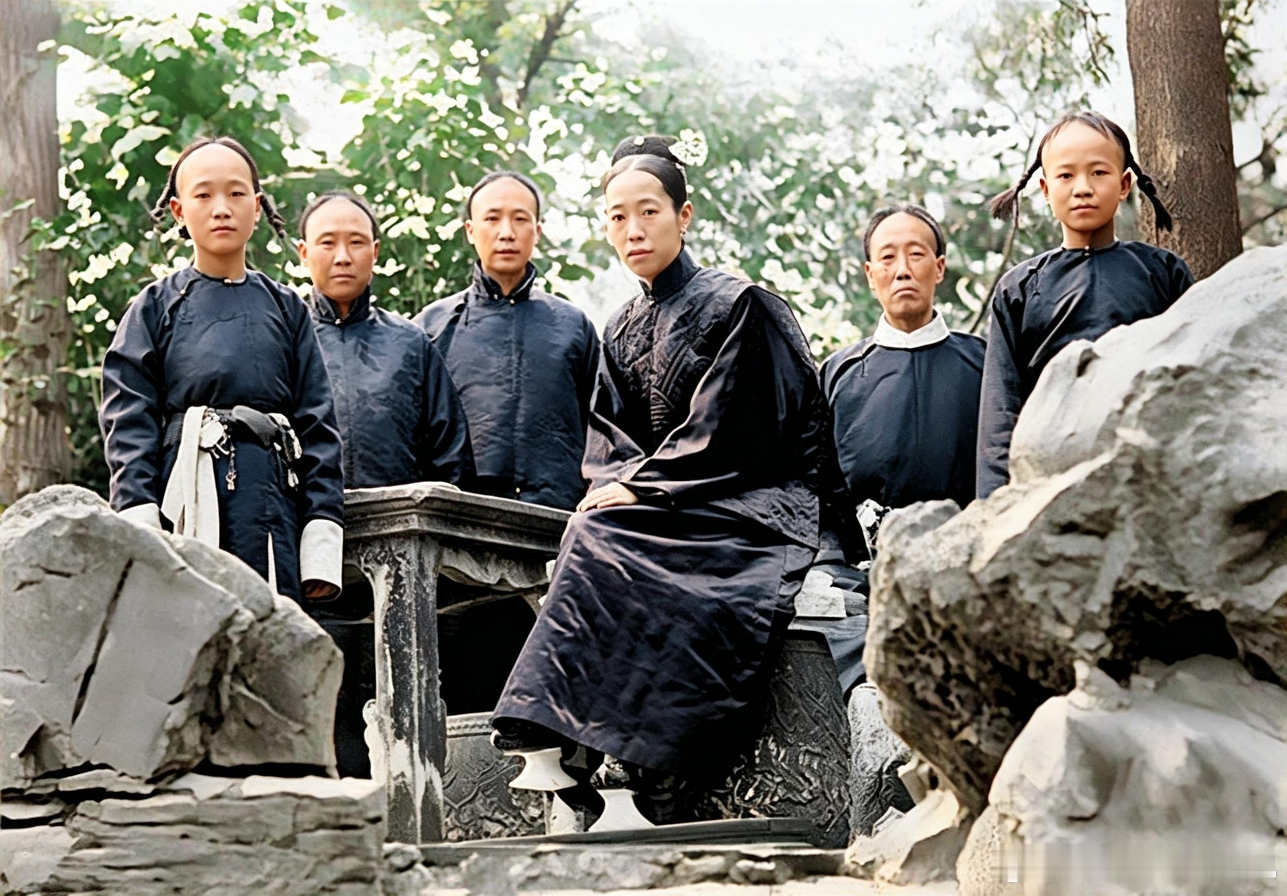 这张照片里，隆裕皇后正和身边的太监站在假山上。她在三姐妹中颜值最低，甚至可能是清