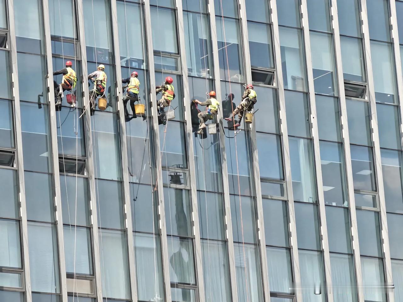 长春，烈日炙烤的午后，前进大街力旺广场20多层的高楼外，几名玻璃清洁工正悬在半空