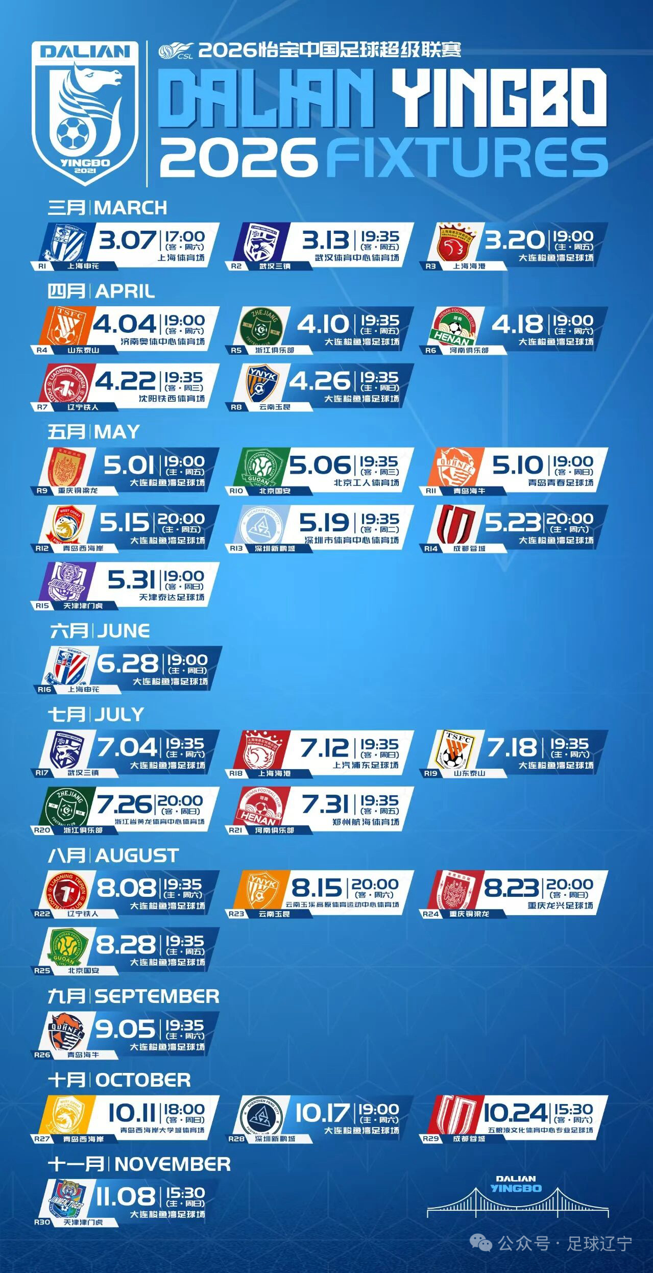 2026赛季辽宁铁人，大连英博，大连鲲城三队完整赛程。中超联赛