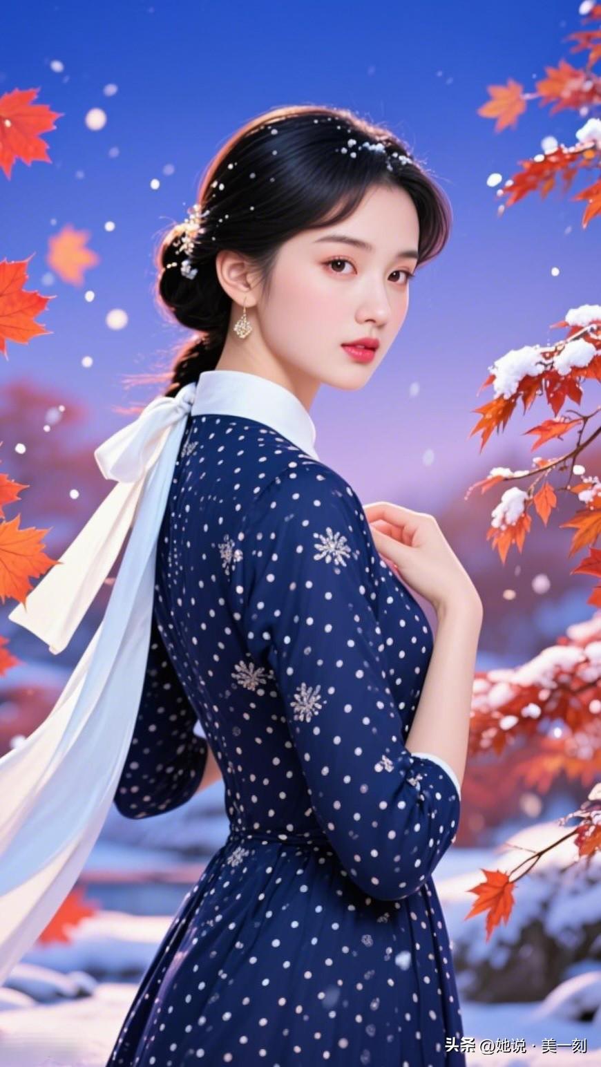 冬日仙境中的优雅少女，雪中漫步，美如画卷。你觉得最美的人是谁