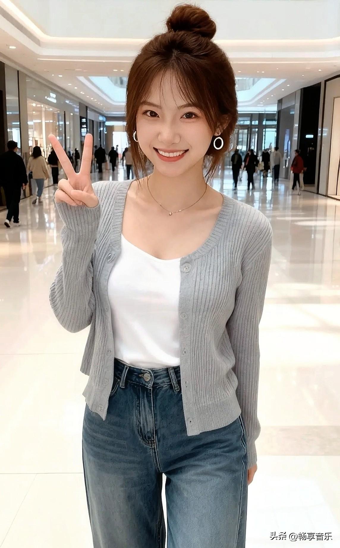 商场里的小姐姐比出清甜V字手，眉眼弯弯，笑意都要从指尖漾出来啦✨～发一张你眼中最