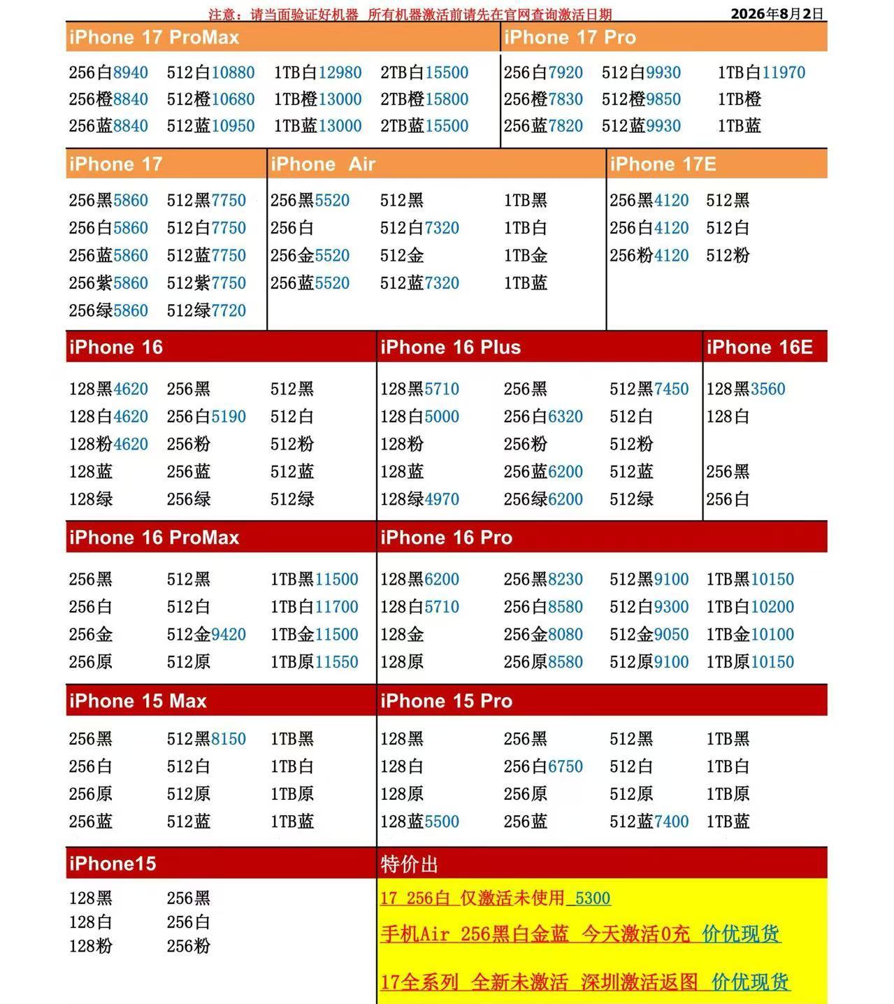 26年8月2日国行苹果手机系列价格更新，今天的17系列多数型号小涨，部分小涨三四